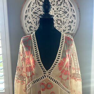 For Love & Lemons Orange Barcelona Lace Sheer Boho Mini Dress Size M Bell Sleeve